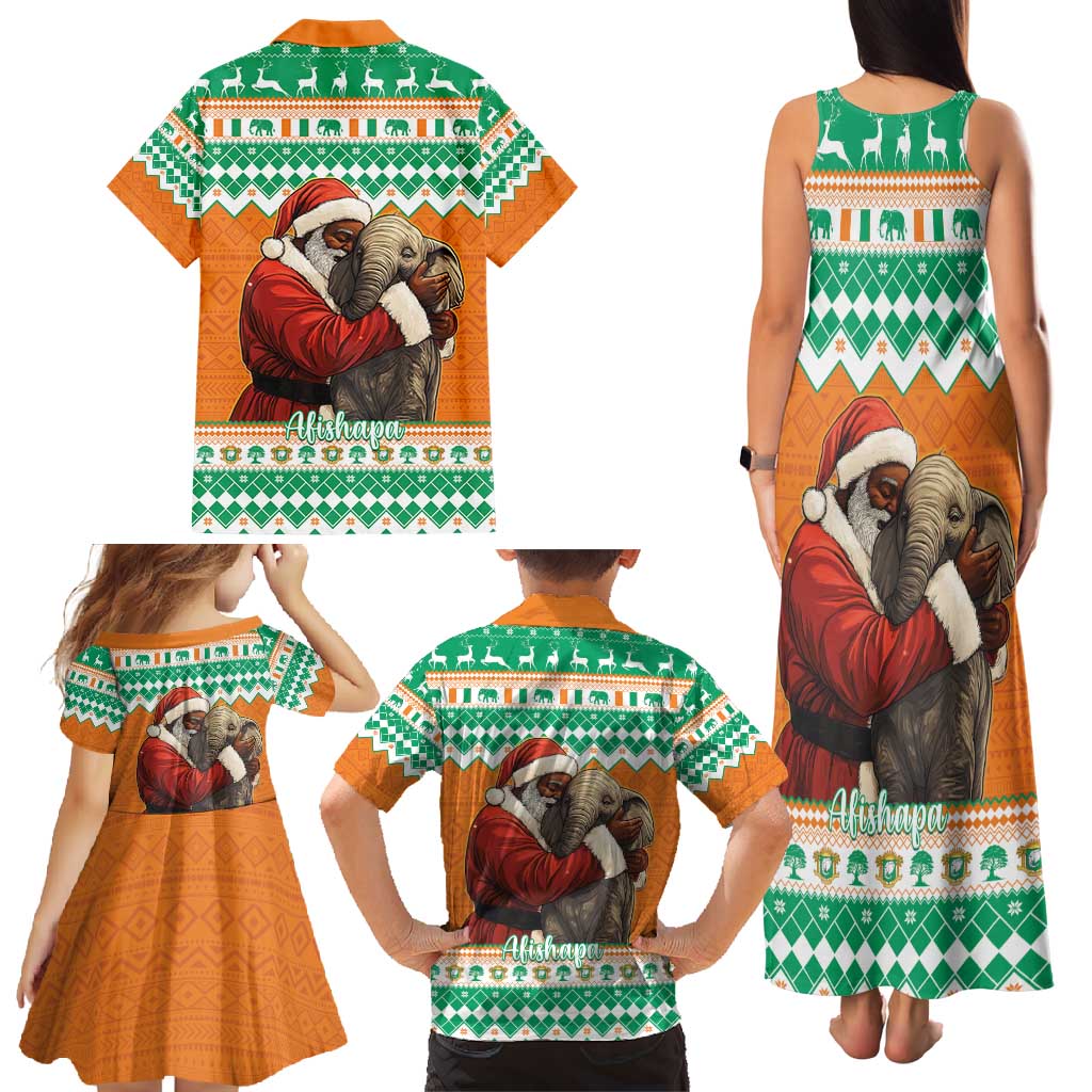 Ivory Coast Christmas Family Matching Tank Maxi Dress and Hawaiian Shirt Black Santa With Forest Elephant - Wonder Print Shop