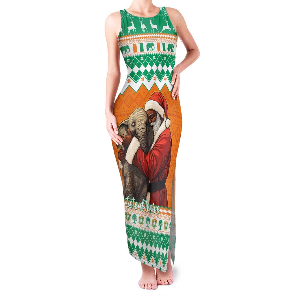 Ivory Coast Christmas Family Matching Tank Maxi Dress and Hawaiian Shirt Black Santa With Forest Elephant - Wonder Print Shop