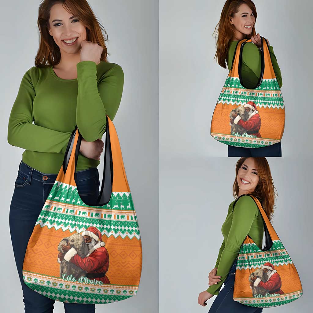 Ivory Coast Christmas Grocery Bag Black Santa With Forest Elephant