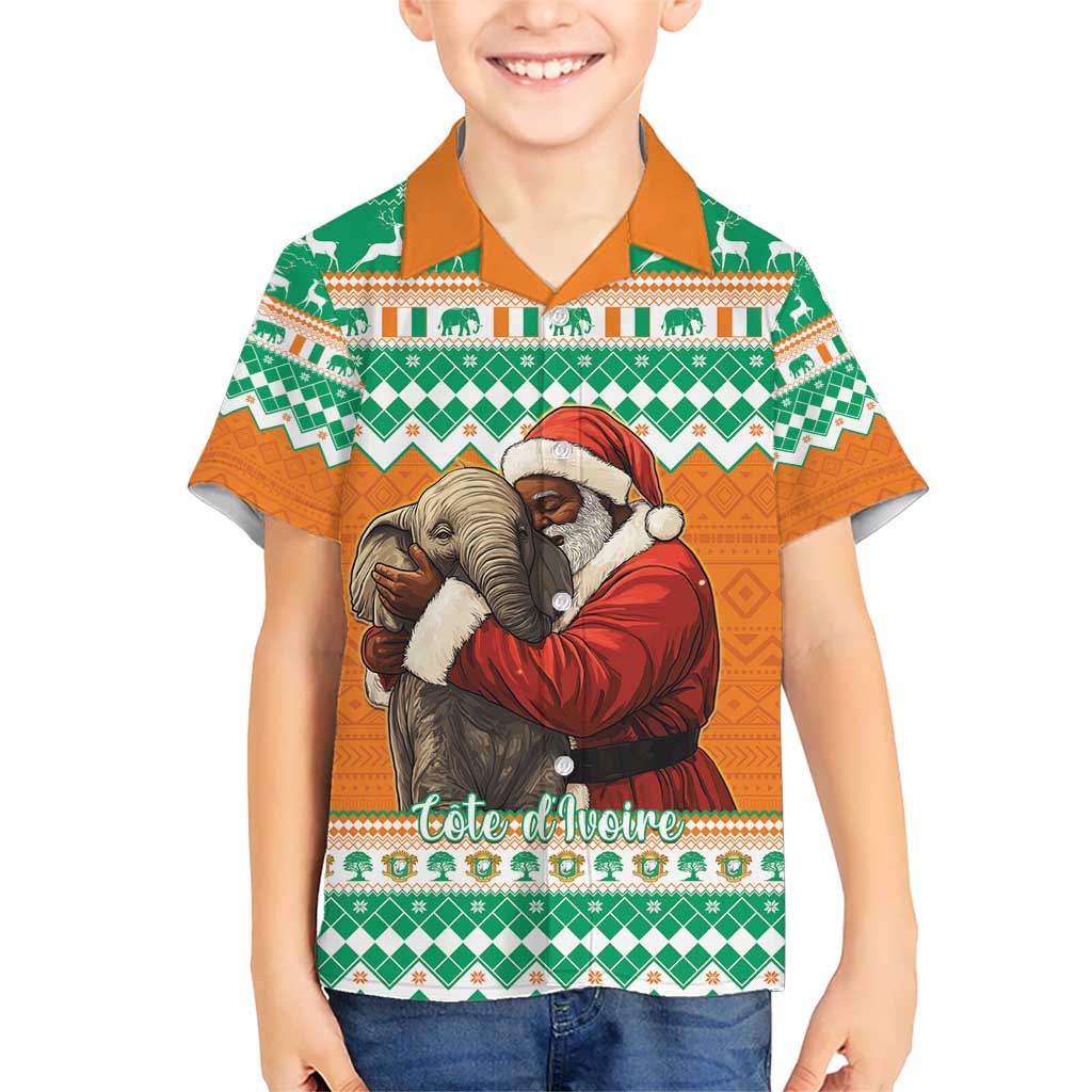 Ivory Coast Christmas Kid Hawaiian Shirt Black Santa With Forest Elephant - Wonder Print Shop
