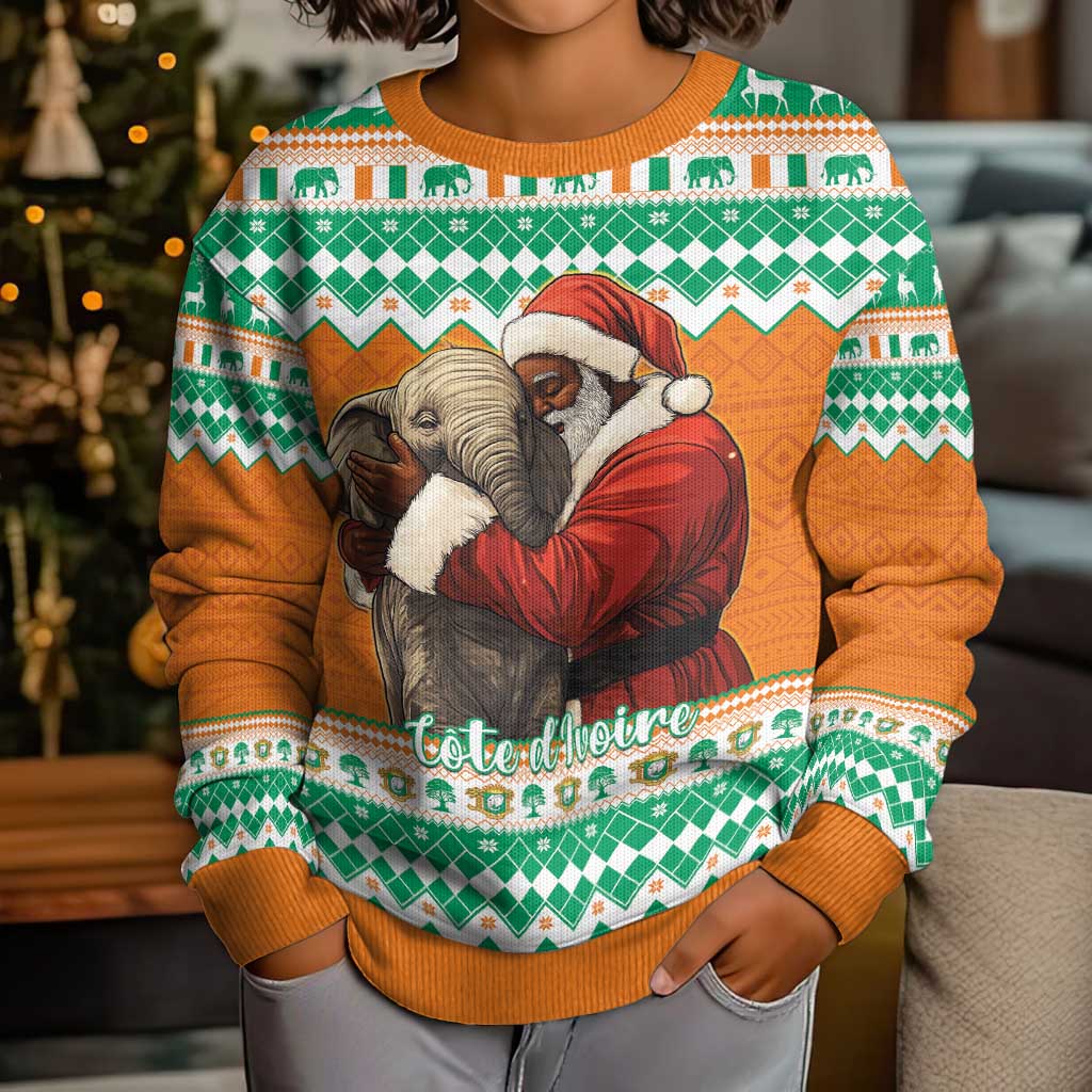 Ivory Coast Christmas Kid Ugly Christmas Sweater Black Santa With Forest Elephant - Wonder Print Shop