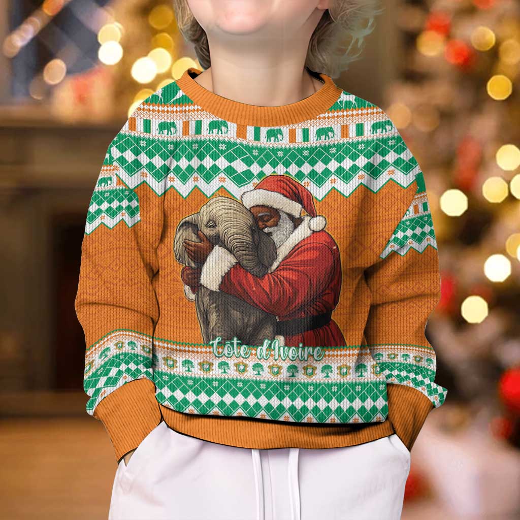 Ivory Coast Christmas Kid Ugly Christmas Sweater Black Santa With Forest Elephant - Wonder Print Shop