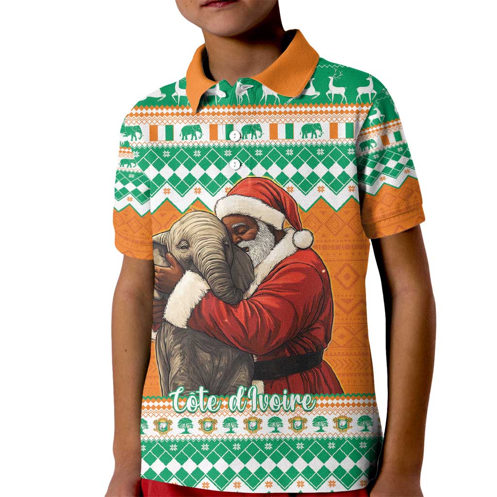 Ivory Coast Christmas Kid Polo Shirt Black Santa With Forest Elephant - Wonder Print Shop