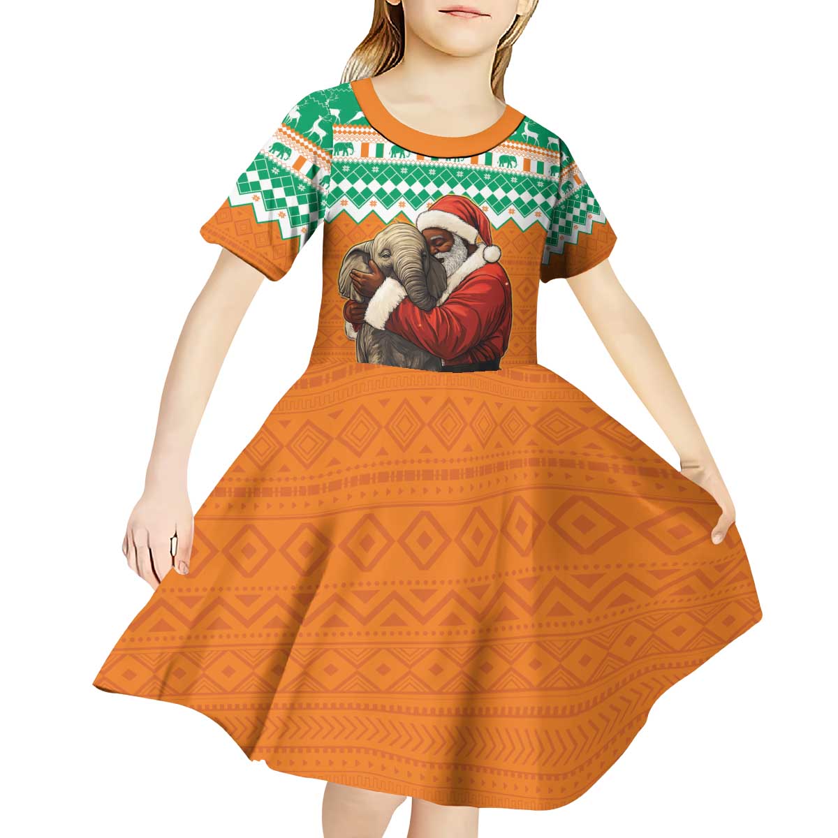 Ivory Coast Christmas Kid Short Sleeve Dress Black Santa With Forest Elephant - Wonder Print Shop