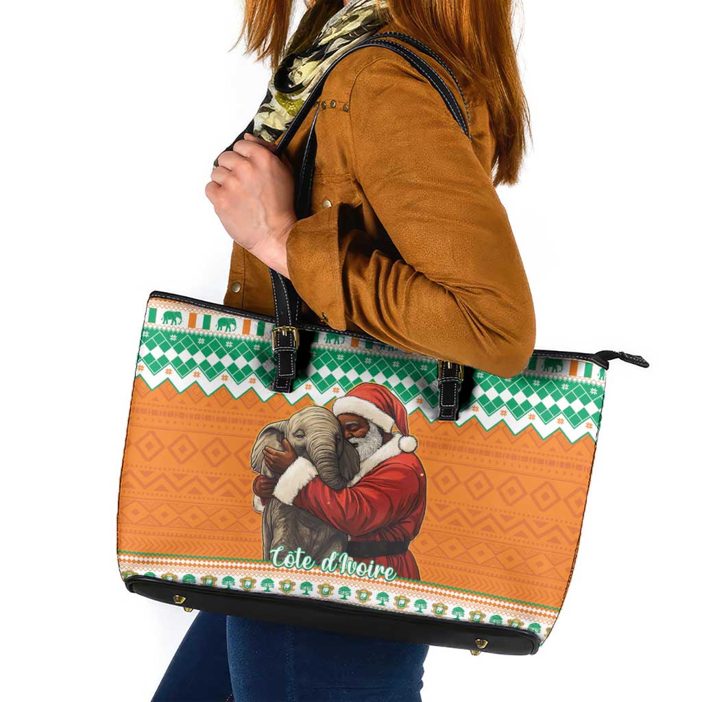 Ivory Coast Christmas Leather Tote Bag Black Santa With Forest Elephant - Wonder Print Shop