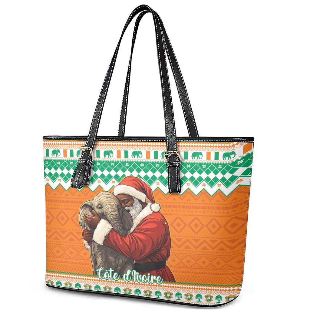 Ivory Coast Christmas Leather Tote Bag Black Santa With Forest Elephant - Wonder Print Shop