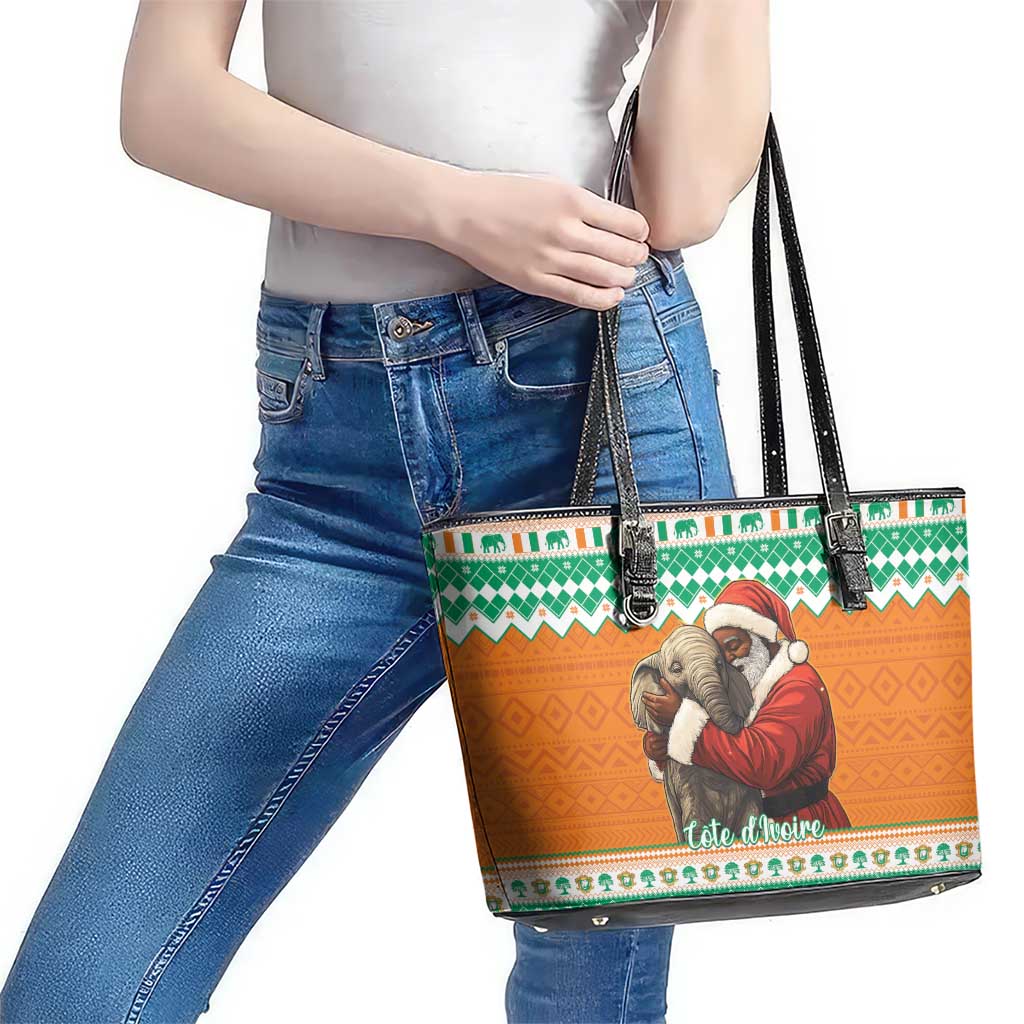 Ivory Coast Christmas Leather Tote Bag Black Santa With Forest Elephant - Wonder Print Shop