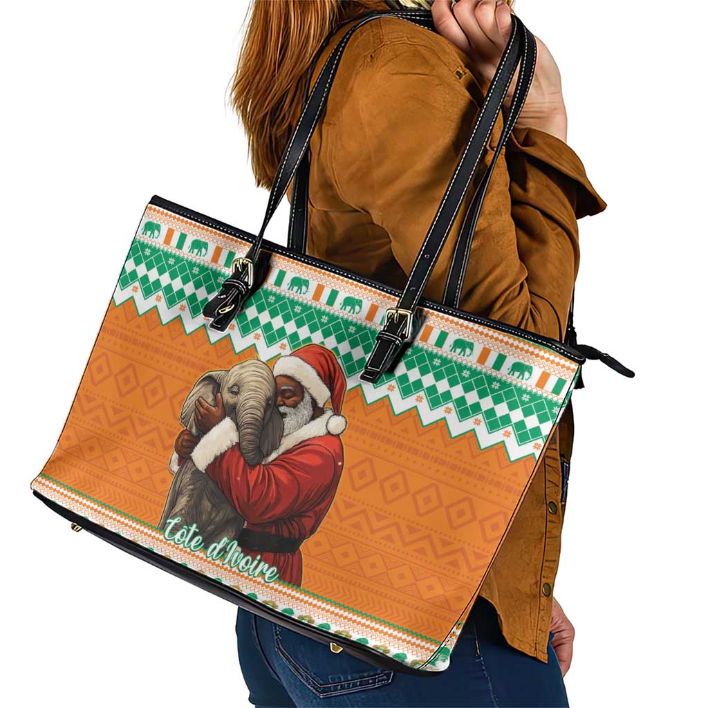 Ivory Coast Christmas Leather Tote Bag Black Santa With Forest Elephant - Wonder Print Shop
