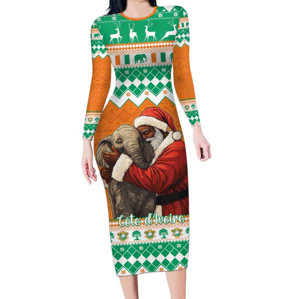 Ivory Coast Christmas Long Sleeve Bodycon Dress Black Santa With Forest Elephant - Wonder Print Shop