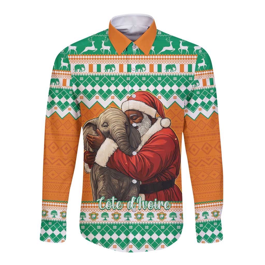 Ivory Coast Christmas Long Sleeve Button Shirt Black Santa With Forest Elephant - Wonder Print Shop