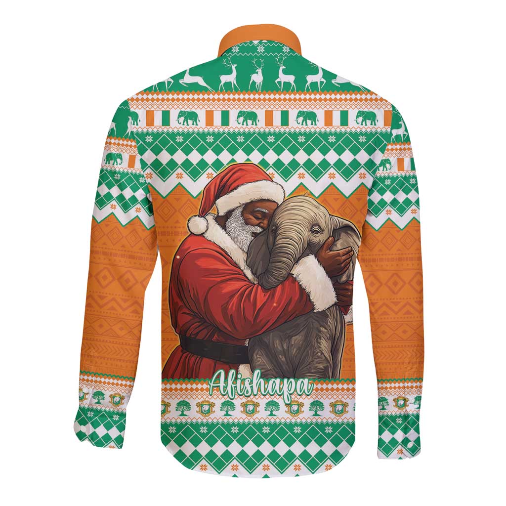 Ivory Coast Christmas Long Sleeve Button Shirt Black Santa With Forest Elephant - Wonder Print Shop