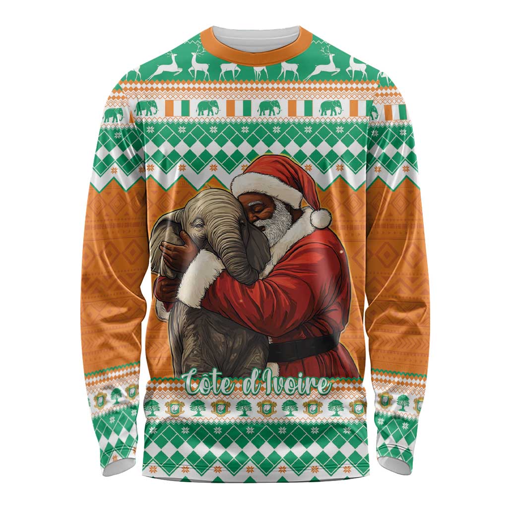 Ivory Coast Christmas Long Sleeve Shirt Black Santa With Forest Elephant - Wonder Print Shop