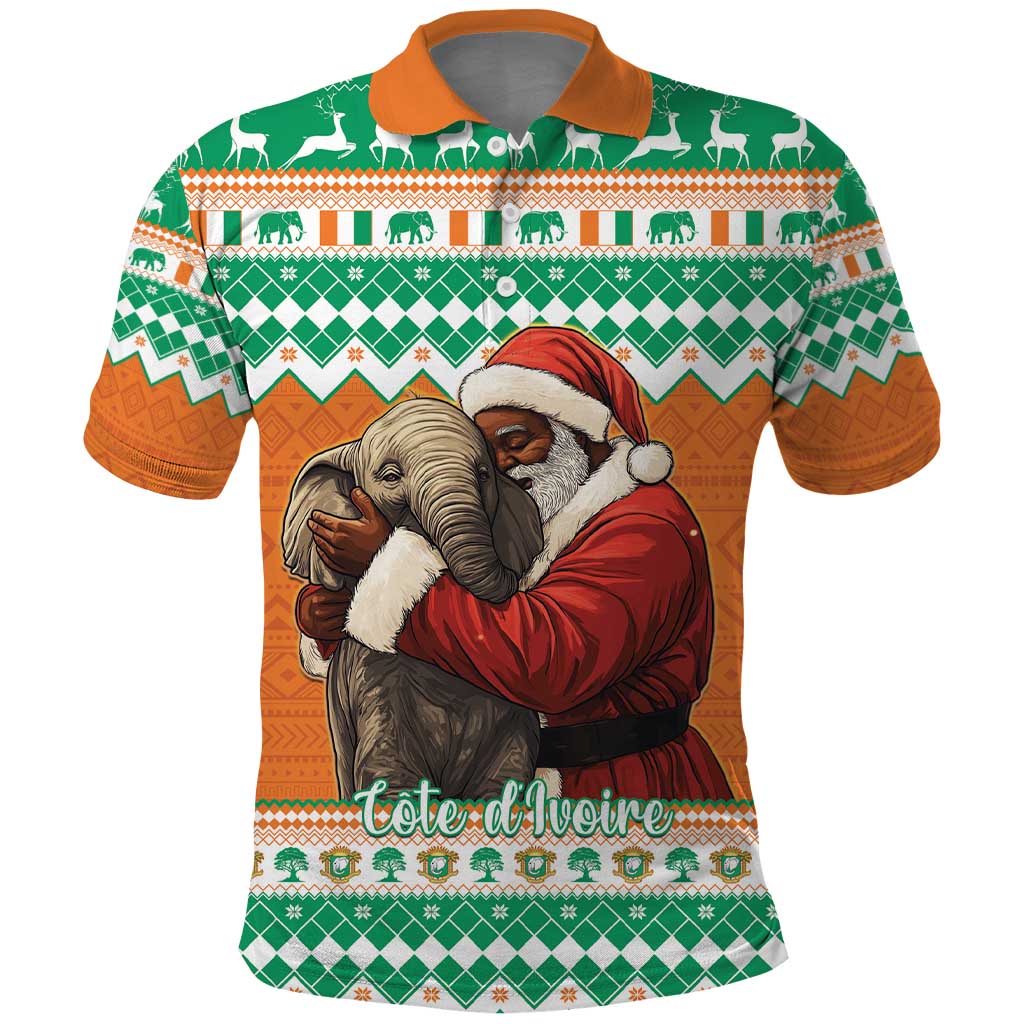 Ivory Coast Christmas Polo Shirt Black Santa With Forest Elephant - Wonder Print Shop