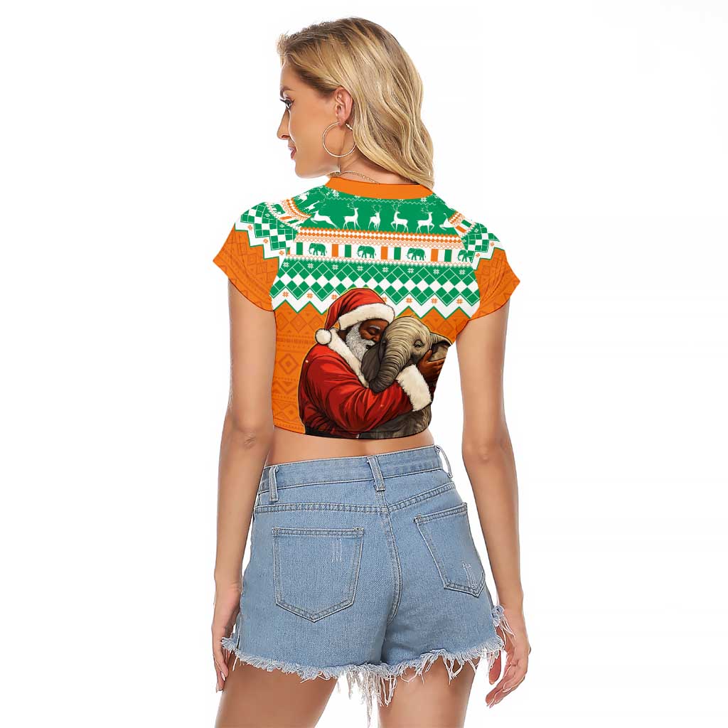 Ivory Coast Christmas Raglan Cropped T Shirt Black Santa With Forest Elephant - Wonder Print Shop