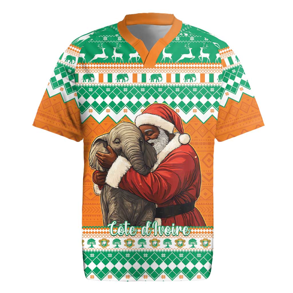 Ivory Coast Christmas Rugby Jersey Black Santa With Forest Elephant - Wonder Print Shop