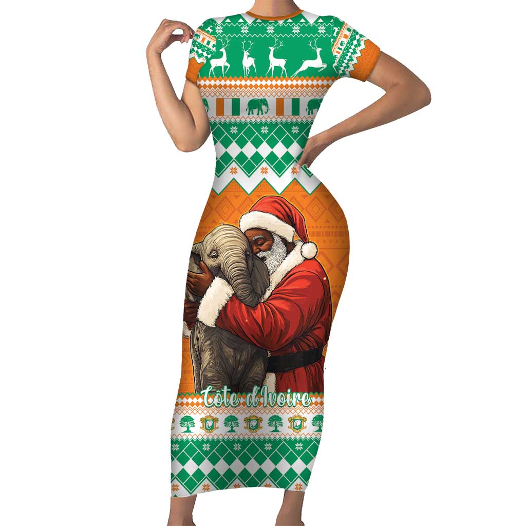 Ivory Coast Christmas Short Sleeve Bodycon Dress Black Santa With Forest Elephant - Wonder Print Shop