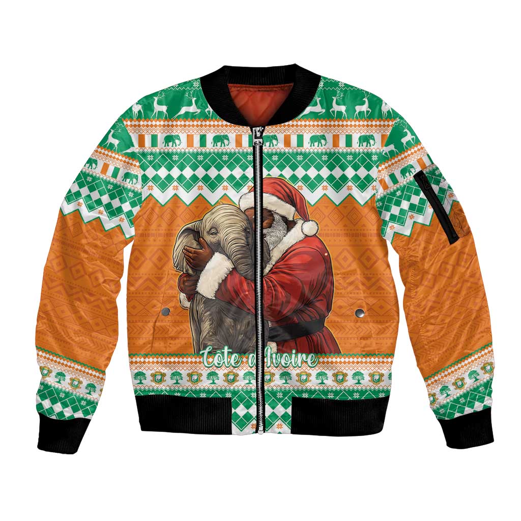 Ivory Coast Christmas Sleeve Zip Bomber Jacket Black Santa With Forest Elephant - Wonder Print Shop