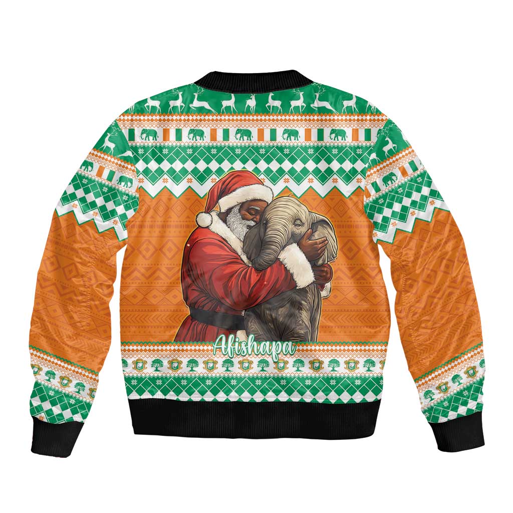 Ivory Coast Christmas Sleeve Zip Bomber Jacket Black Santa With Forest Elephant - Wonder Print Shop