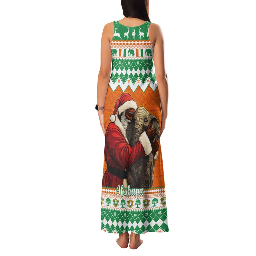 Ivory Coast Christmas Tank Maxi Dress Black Santa With Forest Elephant - Wonder Print Shop