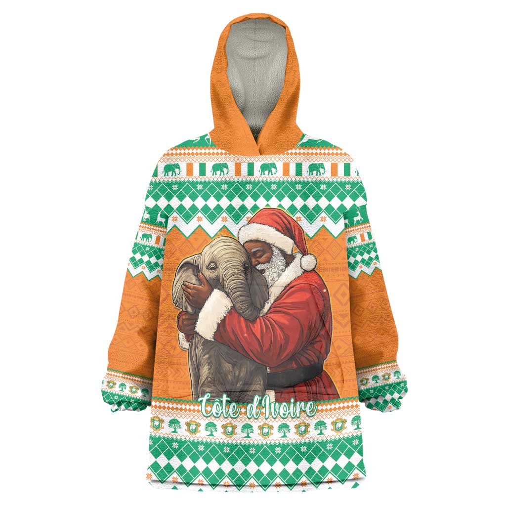 Ivory Coast Christmas Wearable Blanket Hoodie Black Santa With Forest Elephant - Wonder Print Shop