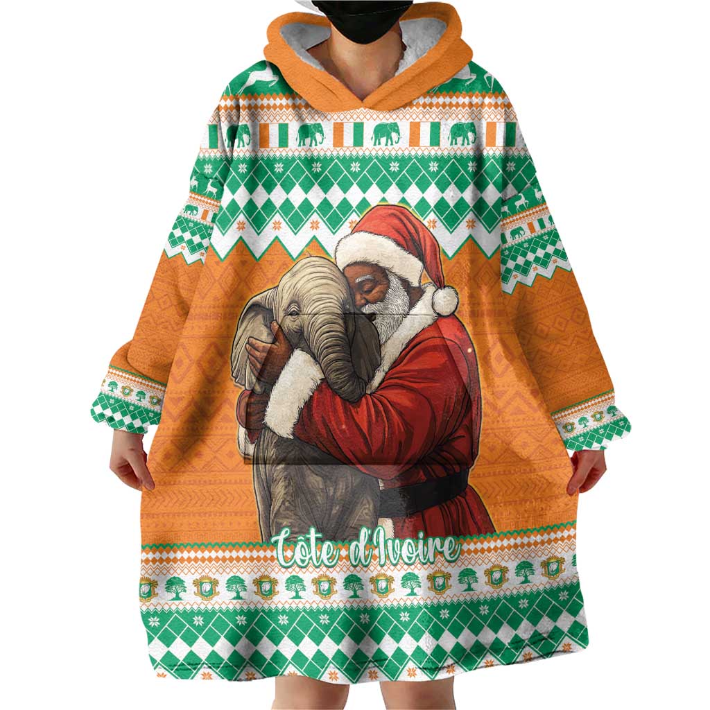 Ivory Coast Christmas Wearable Blanket Hoodie Black Santa With Forest Elephant - Wonder Print Shop