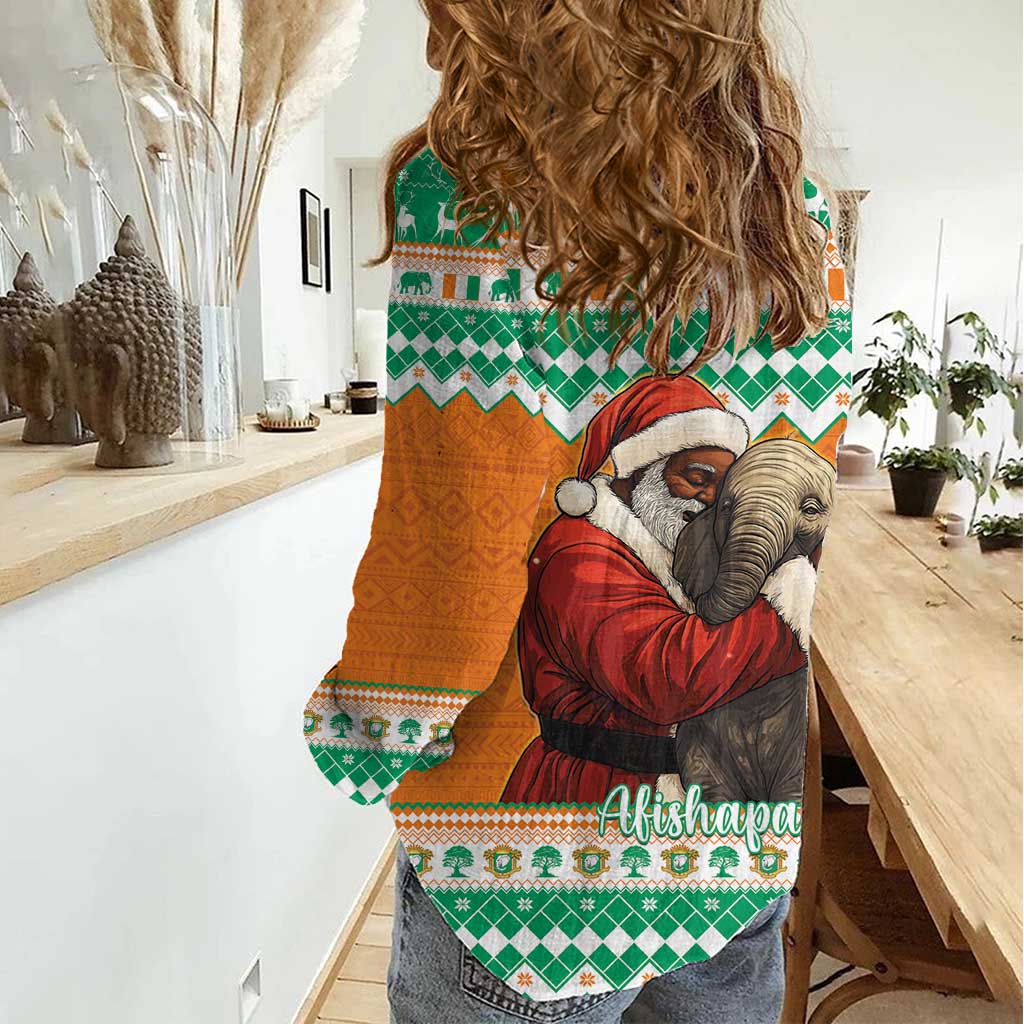 Ivory Coast Christmas Women Casual Shirt Black Santa With Forest Elephant - Wonder Print Shop