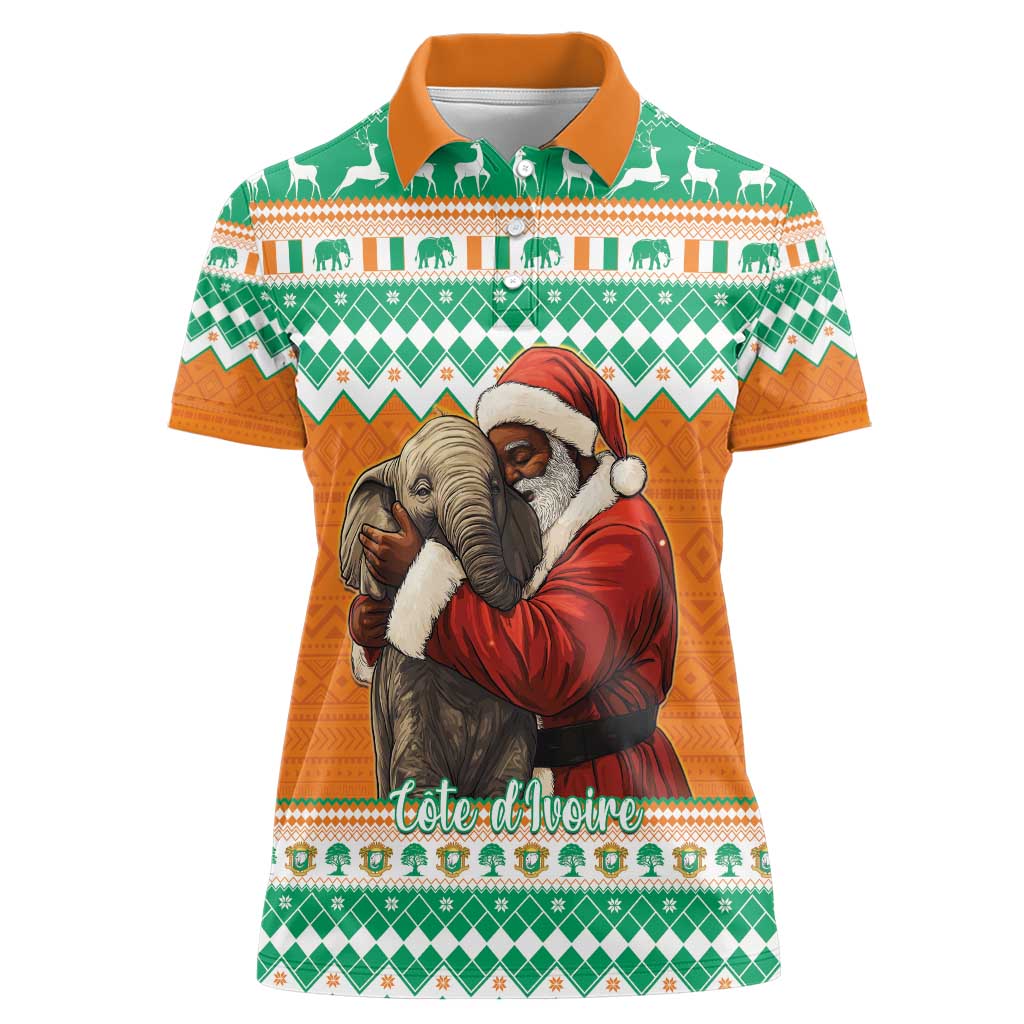 Ivory Coast Christmas Women Polo Shirt Black Santa With Forest Elephant - Wonder Print Shop