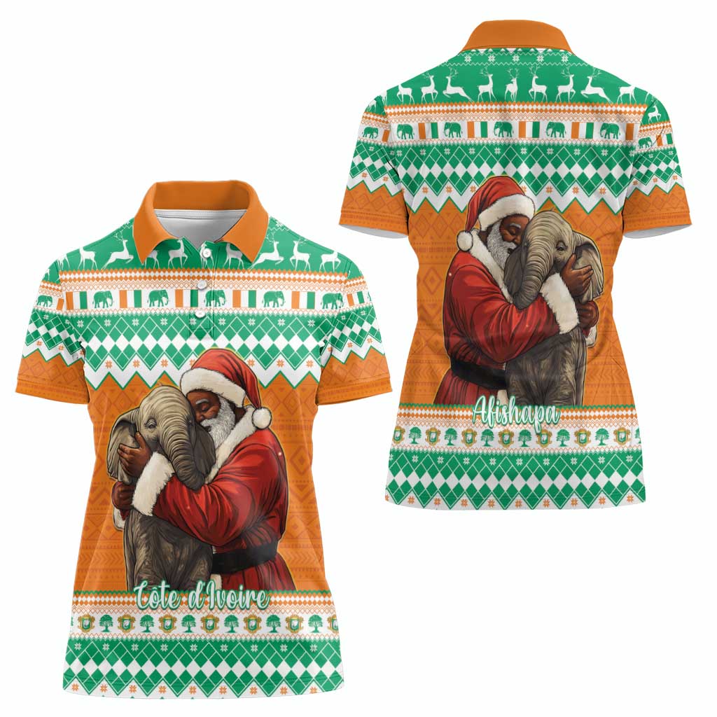 Ivory Coast Christmas Women Polo Shirt Black Santa With Forest Elephant - Wonder Print Shop