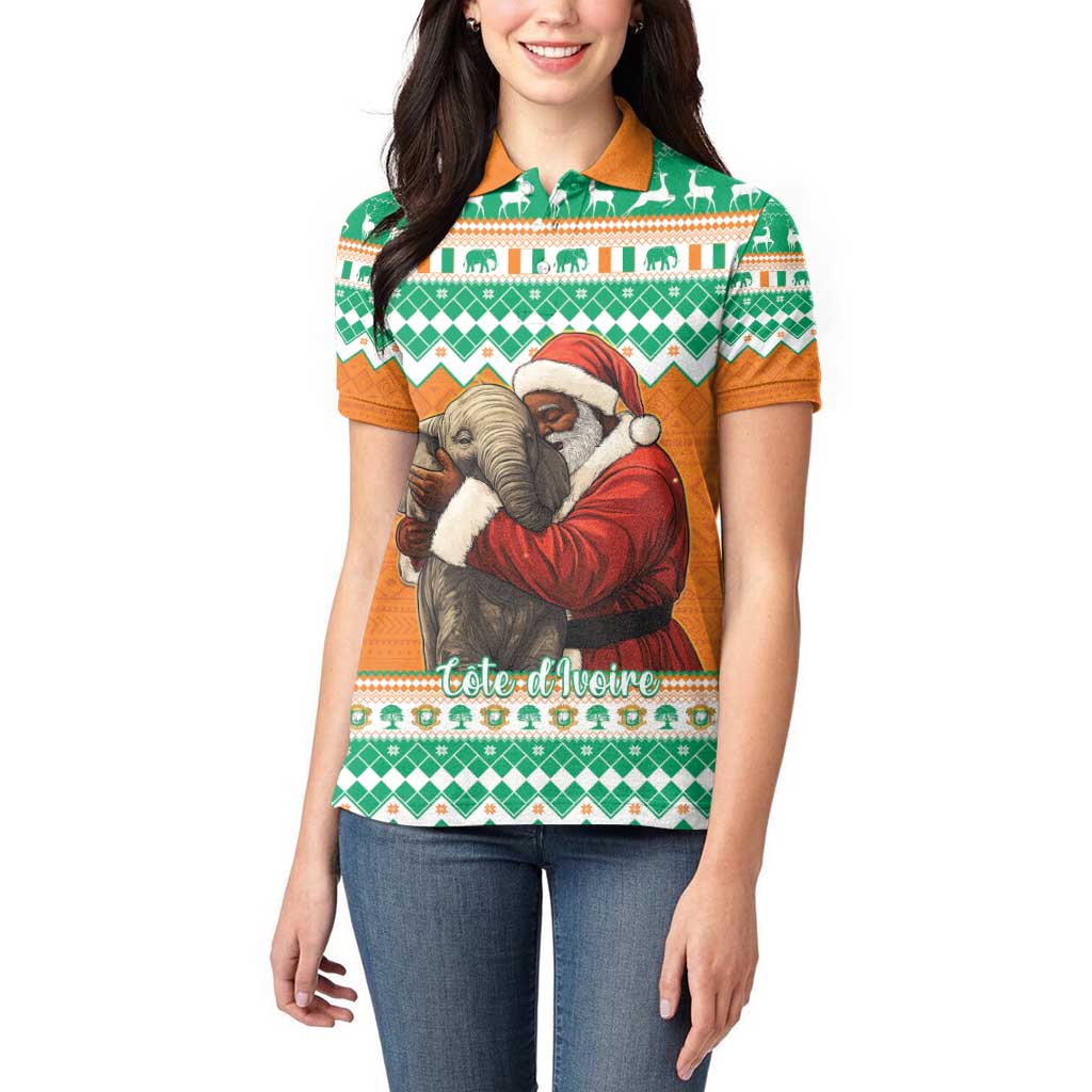 Ivory Coast Christmas Women Polo Shirt Black Santa With Forest Elephant - Wonder Print Shop
