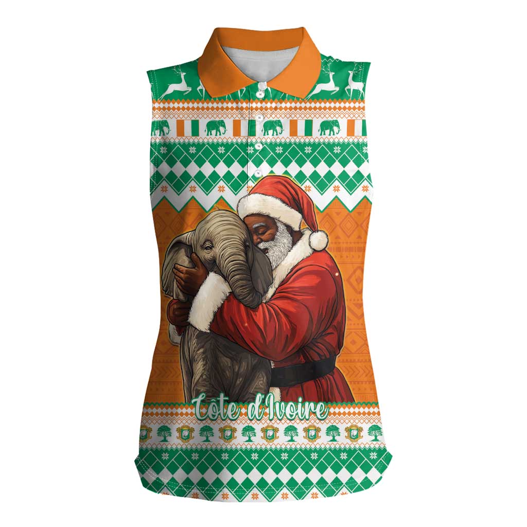 Ivory Coast Christmas Women Sleeveless Polo Shirt Black Santa With Forest Elephant - Wonder Print Shop