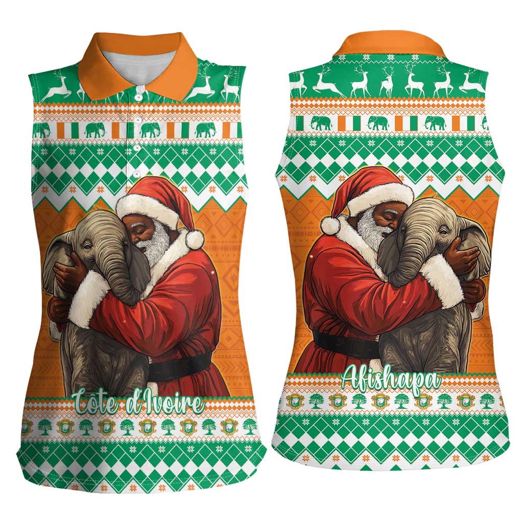Ivory Coast Christmas Women Sleeveless Polo Shirt Black Santa With Forest Elephant - Wonder Print Shop