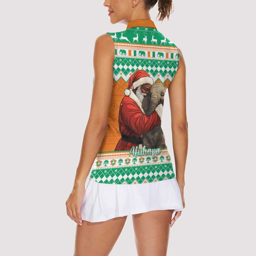 Ivory Coast Christmas Women Sleeveless Polo Shirt Black Santa With Forest Elephant - Wonder Print Shop