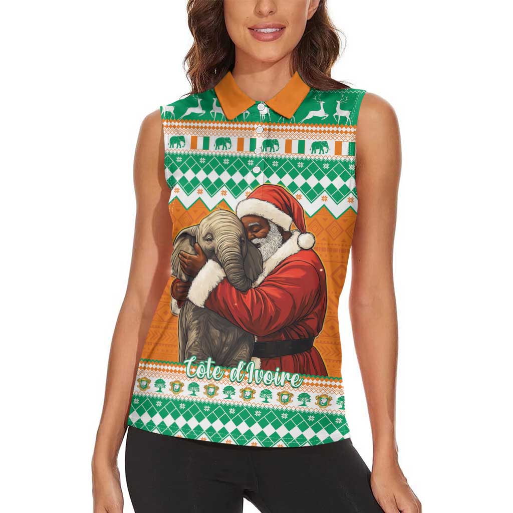 Ivory Coast Christmas Women Sleeveless Polo Shirt Black Santa With Forest Elephant - Wonder Print Shop