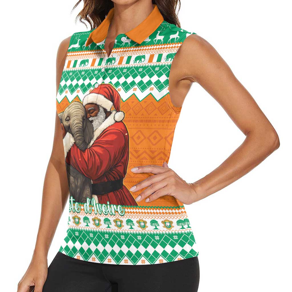 Ivory Coast Christmas Women Sleeveless Polo Shirt Black Santa With Forest Elephant - Wonder Print Shop
