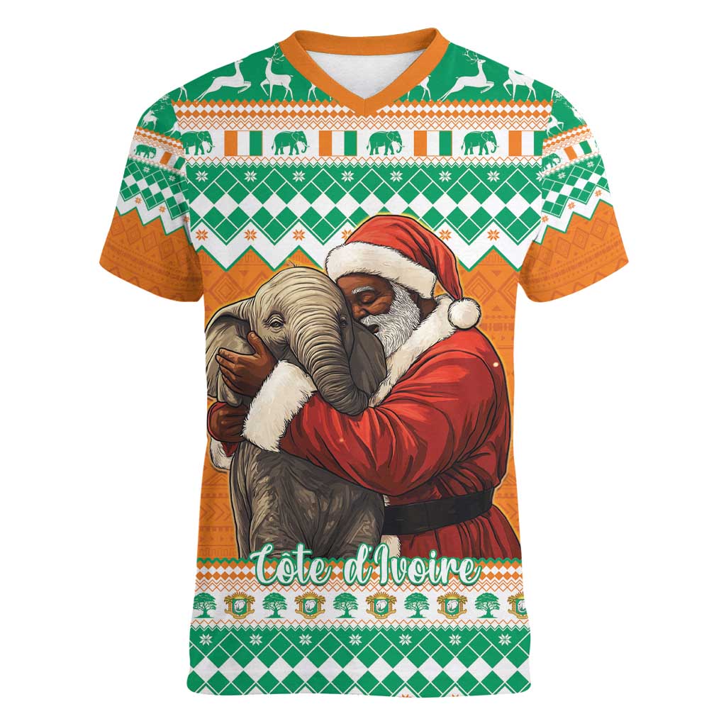 Ivory Coast Christmas Women V-Neck T-Shirt Black Santa With Forest Elephant - Wonder Print Shop