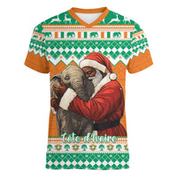 Ivory Coast Christmas Women V-Neck T-Shirt Black Santa With Forest Elephant - Wonder Print Shop