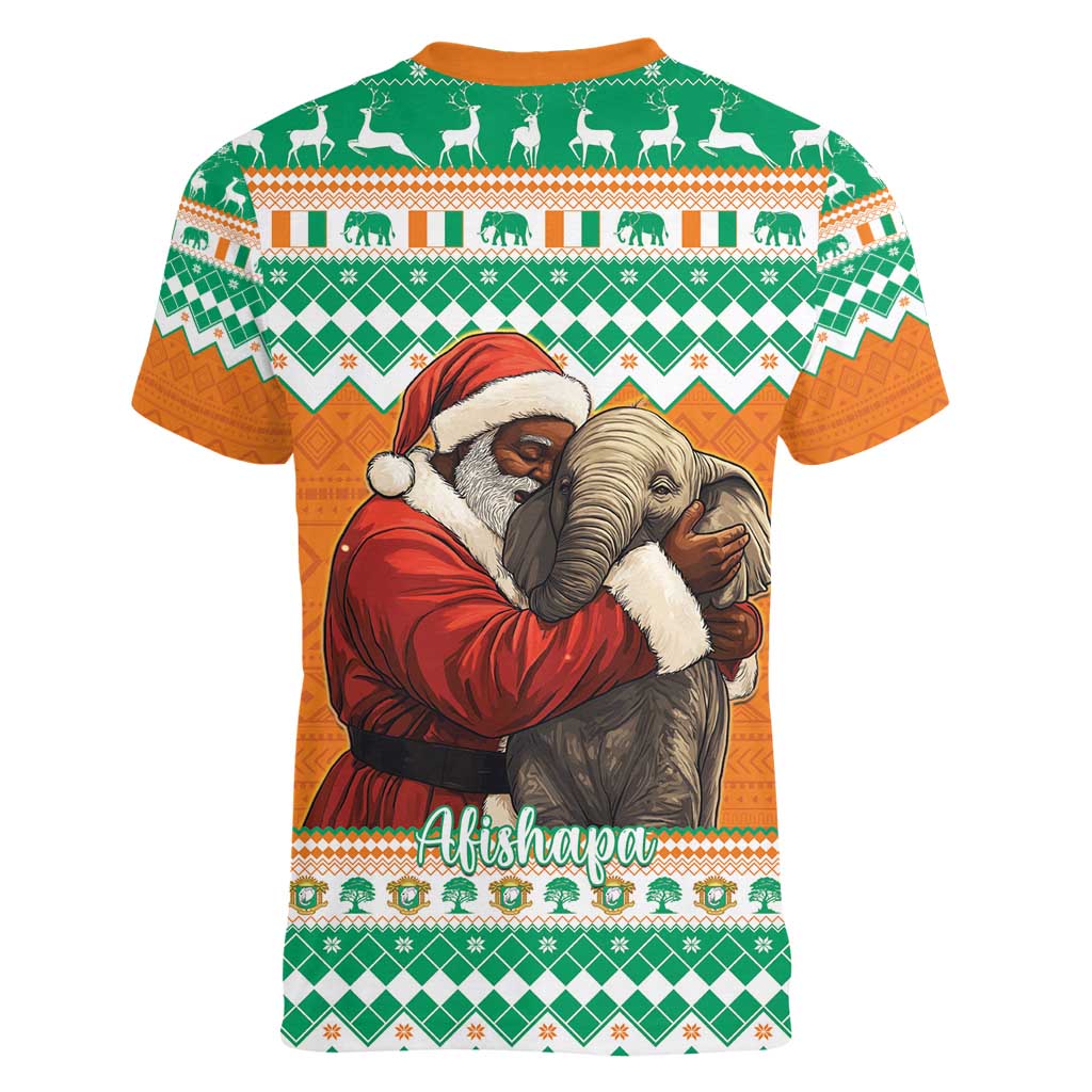Ivory Coast Christmas Women V-Neck T-Shirt Black Santa With Forest Elephant - Wonder Print Shop
