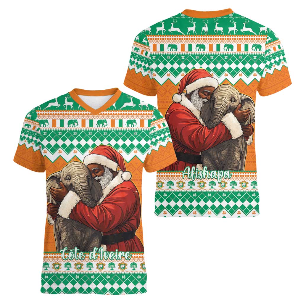 Ivory Coast Christmas Women V-Neck T-Shirt Black Santa With Forest Elephant - Wonder Print Shop