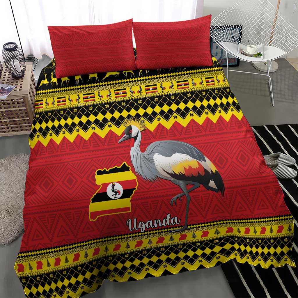 Uganda Christmas Bedding Set Grey Crowned Crane With Flag Map - Wonder Print Shop