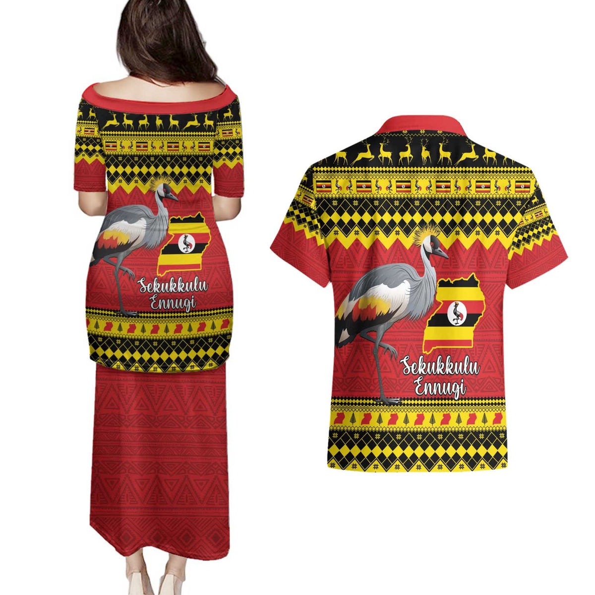 Uganda Christmas Couples Matching Puletasi and Hawaiian Shirt Grey Crowned Crane With Flag Map - Wonder Print Shop