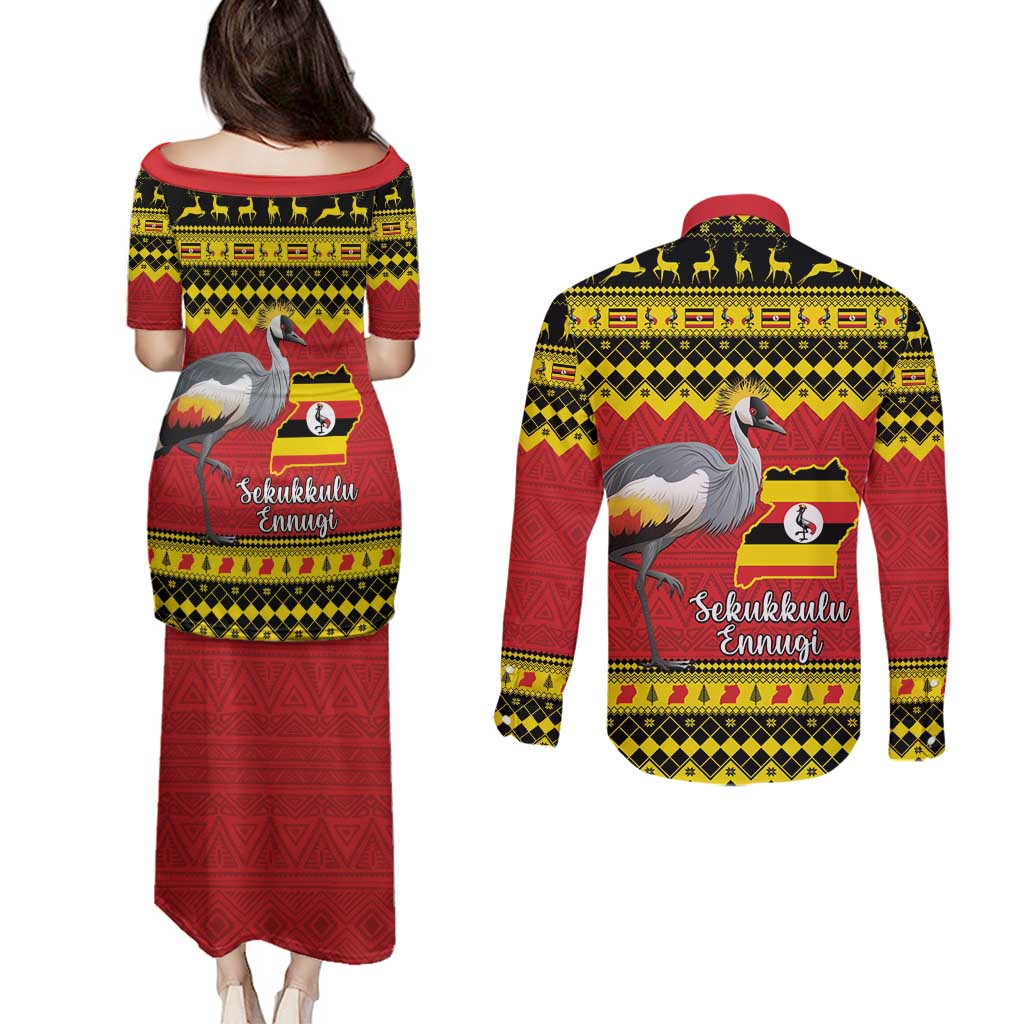 Uganda Christmas Couples Matching Puletasi and Long Sleeve Button Shirt Grey Crowned Crane With Flag Map - Wonder Print Shop
