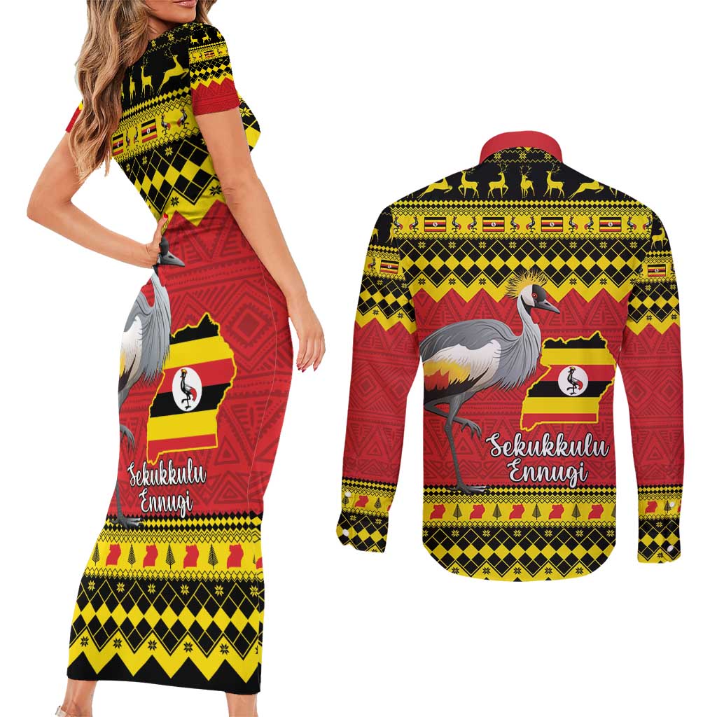 Uganda Christmas Couples Matching Short Sleeve Bodycon Dress and Long Sleeve Button Shirt Grey Crowned Crane With Flag Map - Wonder Print Shop