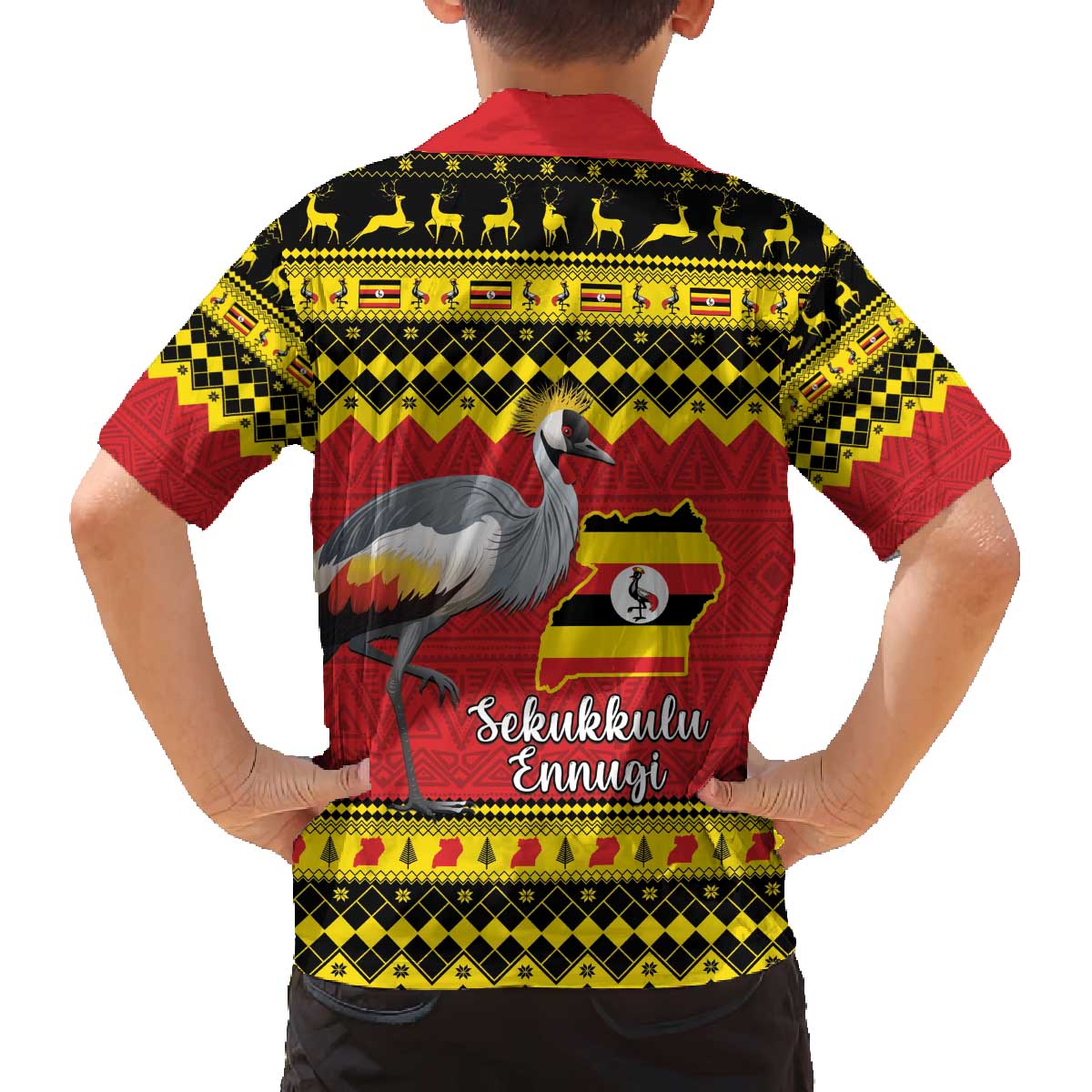 Uganda Christmas Family Matching Off The Shoulder Long Sleeve Dress and Hawaiian Shirt Grey Crowned Crane With Flag Map - Wonder Print Shop