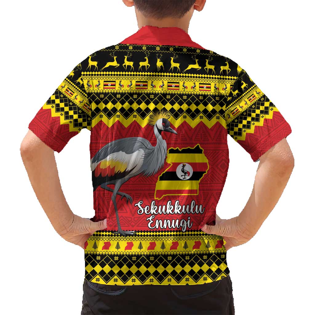 Uganda Christmas Family Matching Off Shoulder Maxi Dress and Hawaiian Shirt Grey Crowned Crane With Flag Map - Wonder Print Shop