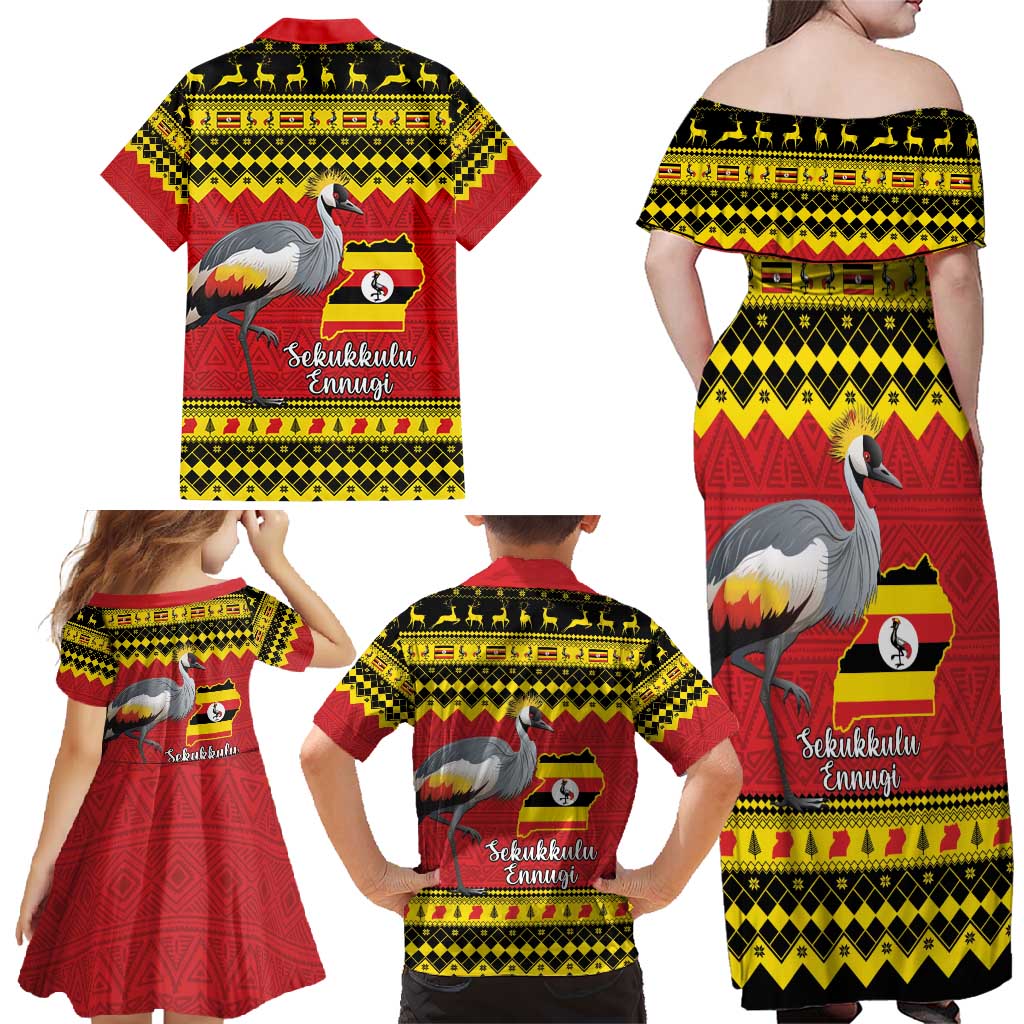 Uganda Christmas Family Matching Off Shoulder Maxi Dress and Hawaiian Shirt Grey Crowned Crane With Flag Map - Wonder Print Shop