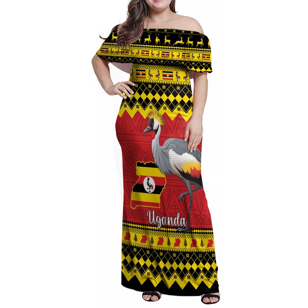 Uganda Christmas Family Matching Off Shoulder Maxi Dress and Hawaiian Shirt Grey Crowned Crane With Flag Map - Wonder Print Shop