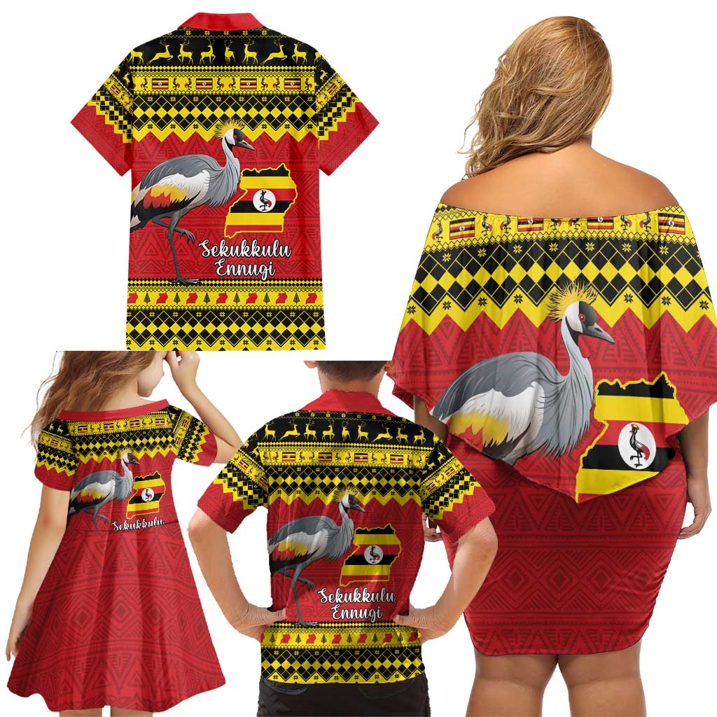 Uganda Christmas Family Matching Off Shoulder Short Dress and Hawaiian Shirt Grey Crowned Crane With Flag Map - Wonder Print Shop