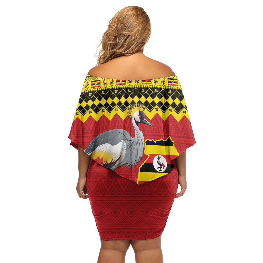 Uganda Christmas Family Matching Off Shoulder Short Dress and Hawaiian Shirt Grey Crowned Crane With Flag Map - Wonder Print Shop