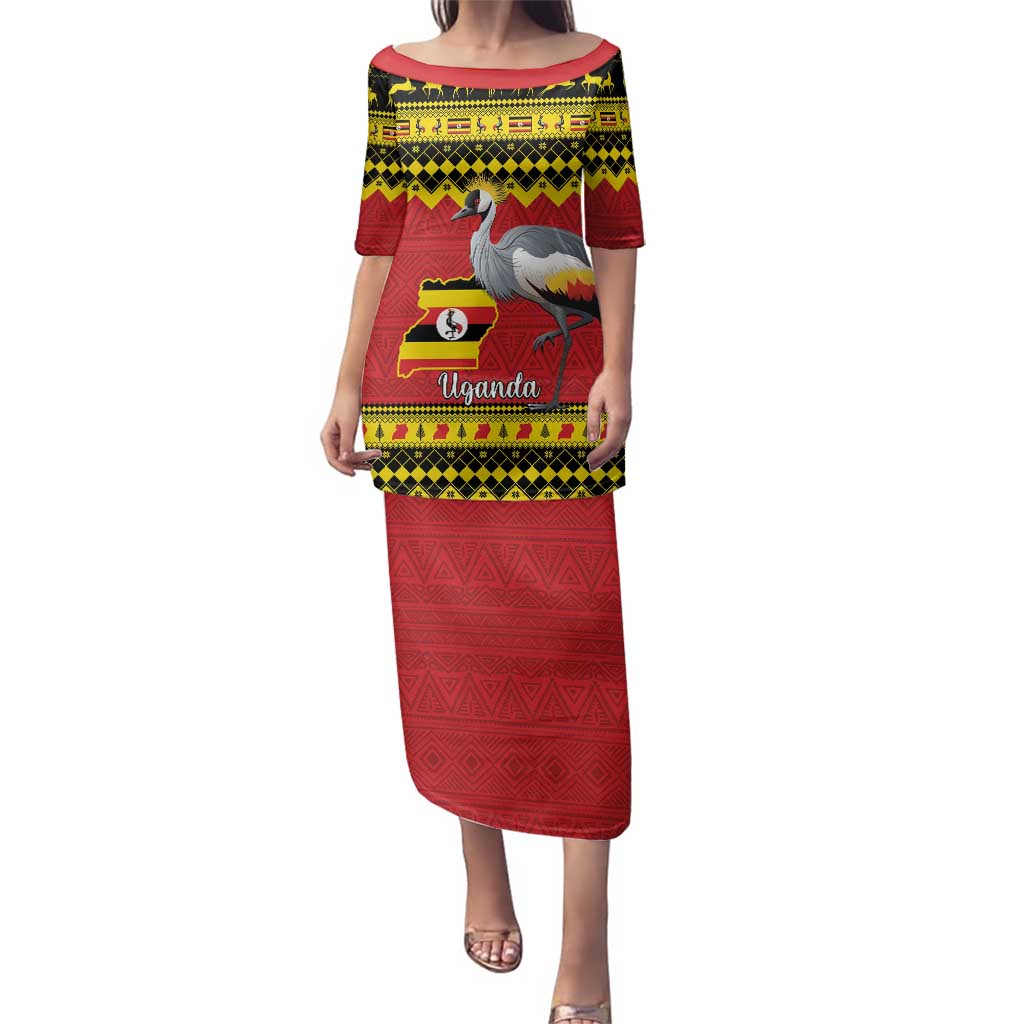 Uganda Christmas Family Matching Puletasi and Hawaiian Shirt Grey Crowned Crane With Flag Map - Wonder Print Shop