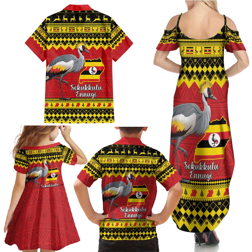Uganda Christmas Family Matching Summer Maxi Dress and Hawaiian Shirt Grey Crowned Crane With Flag Map - Wonder Print Shop